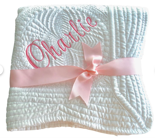 Customized Baby Blanket| Girl Boy Quilt Blanket With Embroidered Name| Custom Girl Boy White Personalized Customizable Monogrammed Baby Gift