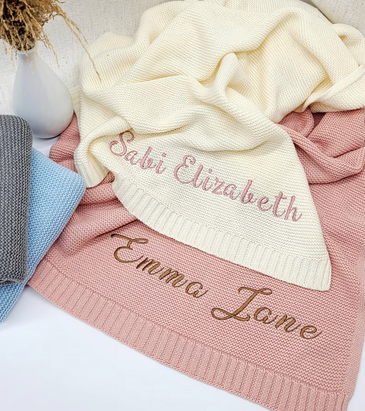 Baby Blanket,Embroidered Name,Stroller Blanket,Newborn Baby Gift ,Soft Breathable Cotton Knit