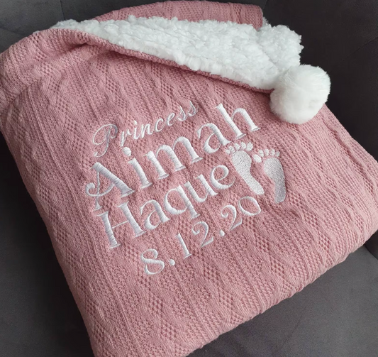 Personalised Baby/Toddler Cable Knit Blanket. Personalised with name or birth date. Pom Pom feature and Sherpa Fleece backing